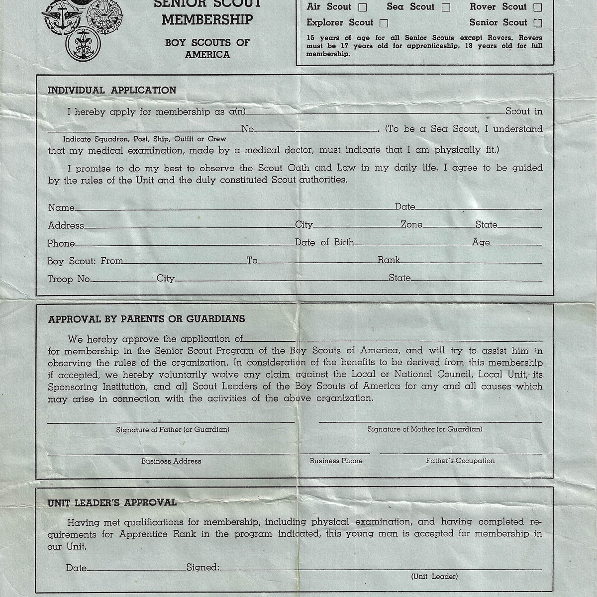 1950s Application for Senior Scout Membership [Free Instant Download]