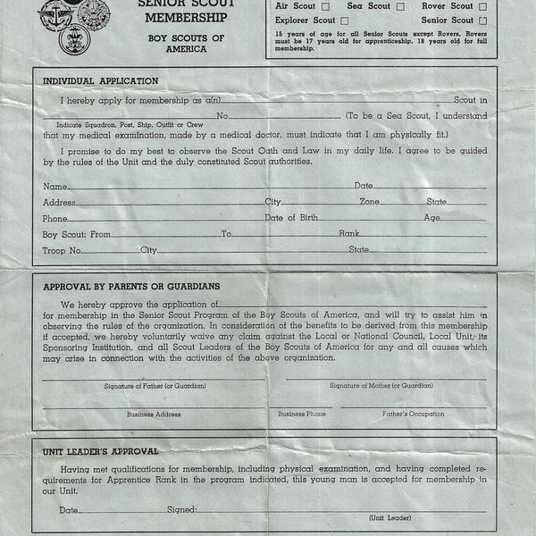 1950s Application for Senior Scout Membership [Free Instant Download]