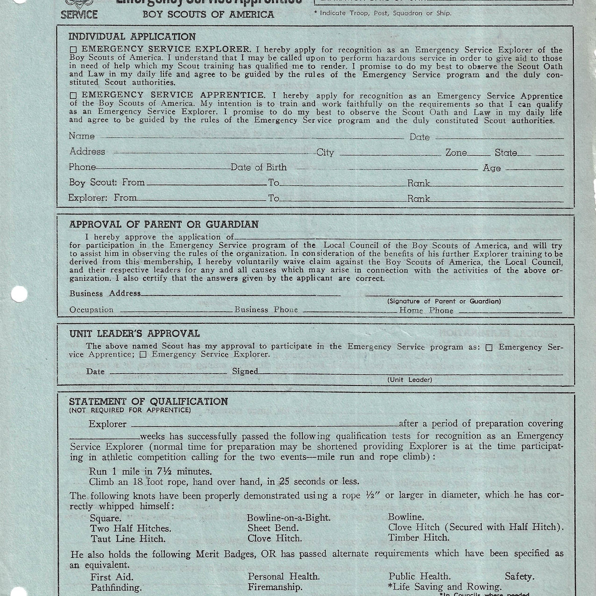 1950s Application for Emergency Service Explorer [Free Instant Download]