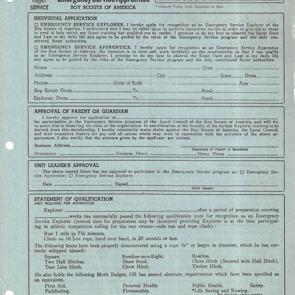 1950s Application for Emergency Service Explorer [Free Instant Download]